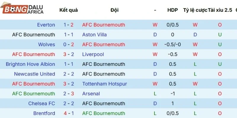 Thành tích 5 lần ra thi đấu gần nhất của Bournemouth