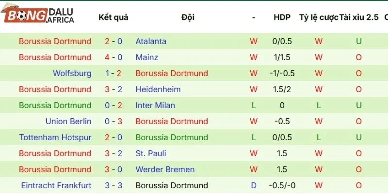 Kết quả thi đấu của Dortmund gần đây